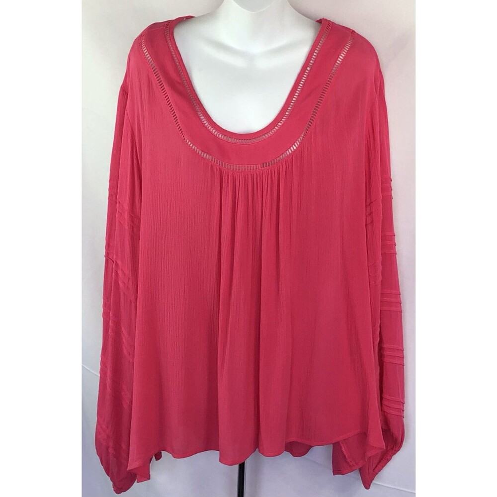 Cato Gauzy Top 26/28W Dk Pink Scoop Neck Long Sleeve Flowy Rayon Boho Beach